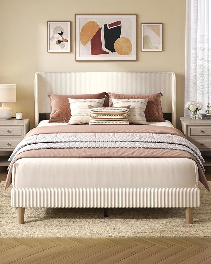 Bestier Queen Bed Frame with Wingback Headboard,Platform Queen Size Upholstered Bed with Strong Wooden Slats,No Box Spring Needed,Never Squeaks,Easy Assembly,Beige