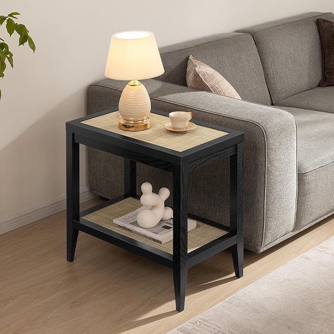 SICOTAS Rattan Nightstand Bedside Table - Farmhouse Boho Narrow Accent End Table with 2 Open Shelves for Bedroom, Living Room, Small Spaces - Black Oak