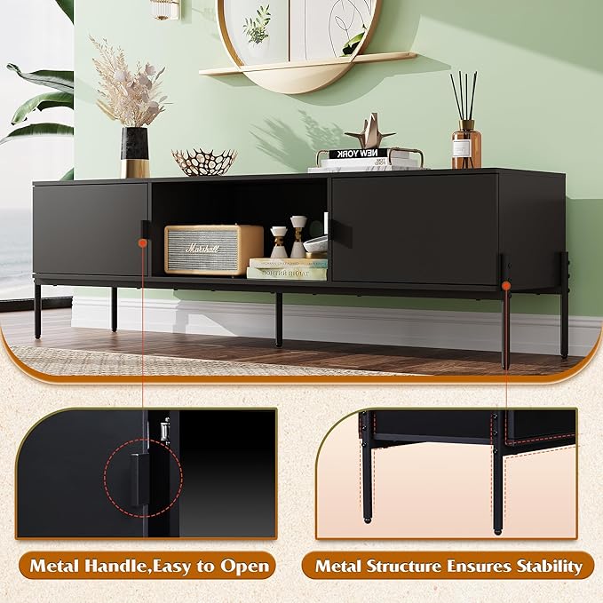 WLIVE 58" TV Stand for 65 Inch TVs, Mid Century Modern Entertainment Center with 2 Storage Cabinets & Open Shelf, Media Console Table with Metal Legs for Living Room, Bedroom, Black