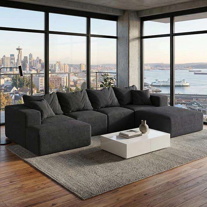 132" Modular Sectional Sleeper Sofa Couch, Modern Cloud Chenille Sectional Couch with Ottoman, Boneless U Shape Couches for Living Room, Free Combination, No Assembly Required, Black