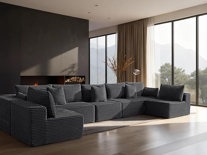168" Cloud Sectional Couch, Comfort U Shaped Sofa for Living Room, Extra Deep Seats No Assembly, Minimalist Modular Couch, Corduroy (Dark Grey, 7 Seats,U-Shape B)