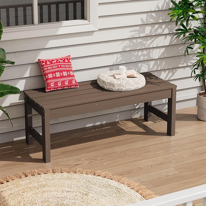 SERWALL 47 Inches Outdoor Bench, All Weather HDPE Backless Bench with Wood Grain Texture for Garden Porch and Park, Curved Bench Seat for Comfort, Coffee