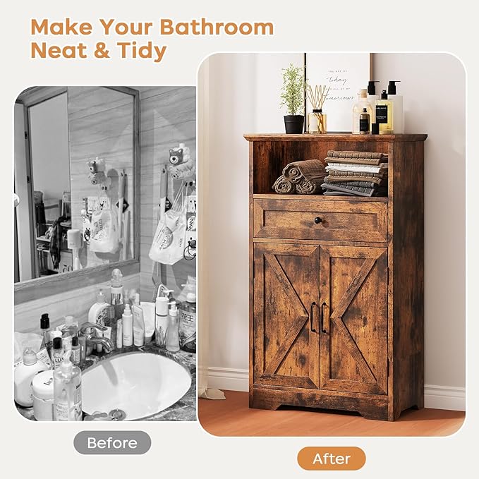 Floor Cabinet, Farmhouse Storage Cabinet with Barn Doors and Drawer, Freestanding Adjustable Shelf Organizer for Bathroom, Kitchen, Living Room Rustic Brown