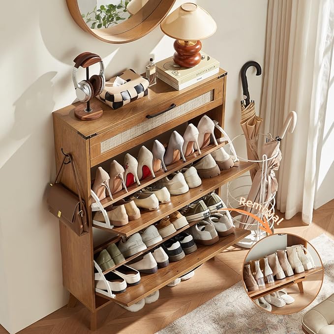 LEYAOYAO Shoe Cabinet Storage for Entryway with 2 Flip Drawers Rack Narrow Organizer Slim Hidden Wood Shoe Cabinet Furniture Tea Brown