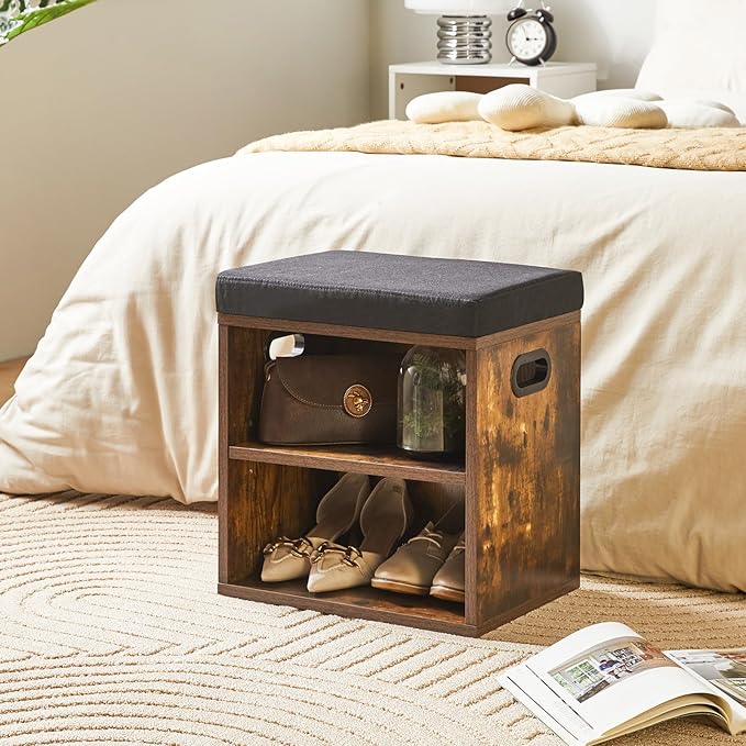 YMYNY Shoe Storage Bench with Cushion, 2 Tier Shoe Rack with Padded Seat, Adjustable Shoe Organizer Cabinet for Entryway, Living Room, Hallway, Closet, 15.4L*11W*16.54H, Rustic Brown, UHBD028H