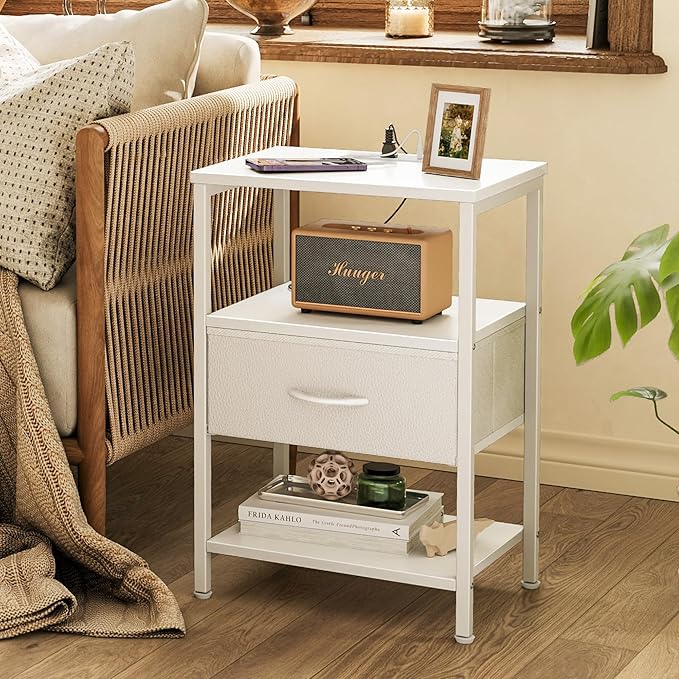 SUPERJARE Nightstand Set of 2, Bed Side Tables with Charging Station, Adjustable Fabric Drawer, Night Stand for Bedroom, 3-Tier Storage End Tables, White, 8694WC