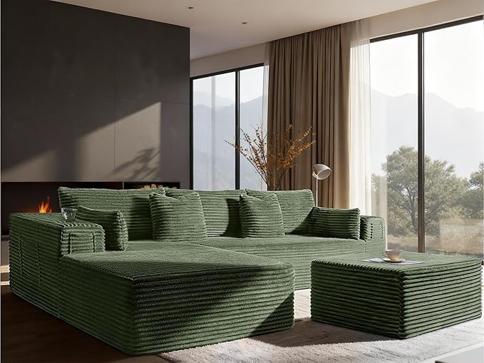 Oversized 108" Cloud Sectional Couch, Comfort U Shaped Boneless Couch for Living Room, Extra Deep Seats No Assembly, Modular Sofa, Corduroy (Olive Green, 2 Seater+Left Facing Chaise+Ottoman)