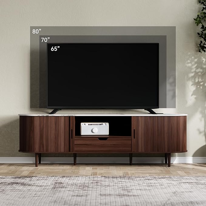 DHH 71" Fluted TV Stand with Power Outlet for TVs up to 80", TV Console with Adjustable Shelves and Sliding Door,Mid Century Modern Entertainment Center for Living Room,Bedroom (Walnut+Marble)