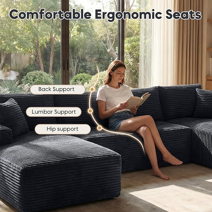 125 Inch Modular Sectional Sofa, Cloud Couch Oversized U Shaped Corduroy Sofa with Storage & Cupholders, Modern Deep Seat Boneless Couches for Living Room, No Assembly Required, Dark Grey