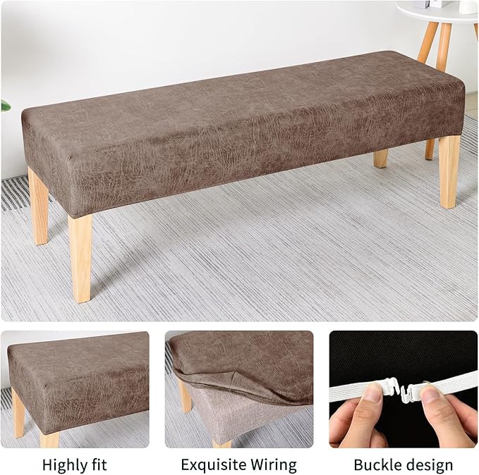 FORCHEER Dining Room Chair Seat Covers Set of 4 with 1 PC Bench Cover Set Faux Leather Fabric Anti-Dust Removable Seat Protector for Dining Room- 4 PCS Chair Cover+1 PC Bench Cover(Khaki)