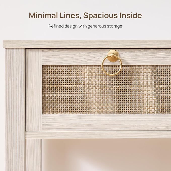 SICOTAS White Nightstand Set of 2,Rattan Decor Drawer with Brass Knobs Night Stand Bedside Table Boho End Tables Side Tables with Storage Shelf for Bedroom,Small Space