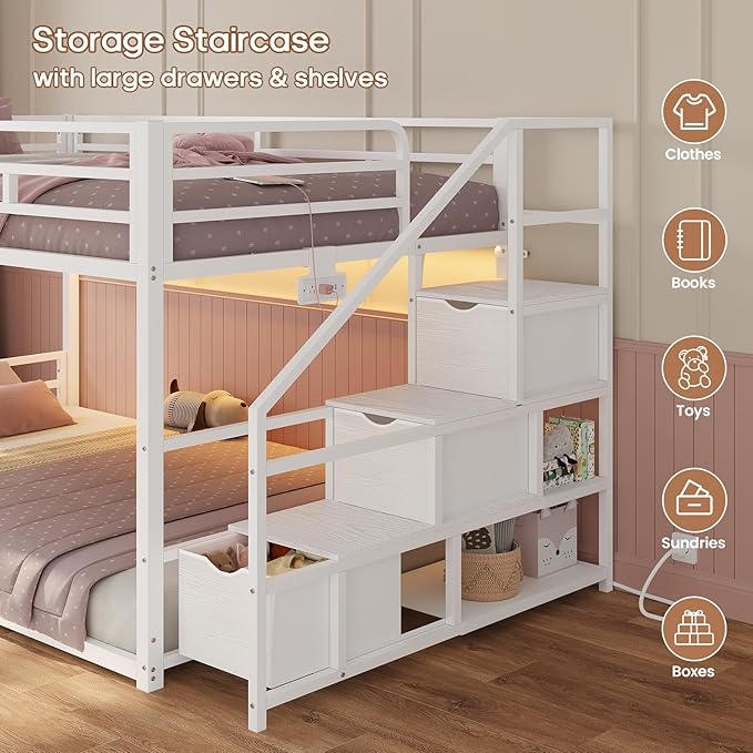 ADORNEVE Low Bunk Bed Twin Over Twin with Stairs, Storage Drawers & Shelves, RGB LED Lights Metal Floor Bunk with Power Outlet, Full-Length Guardrail & Metal Slats, for Small Space, Kids, White