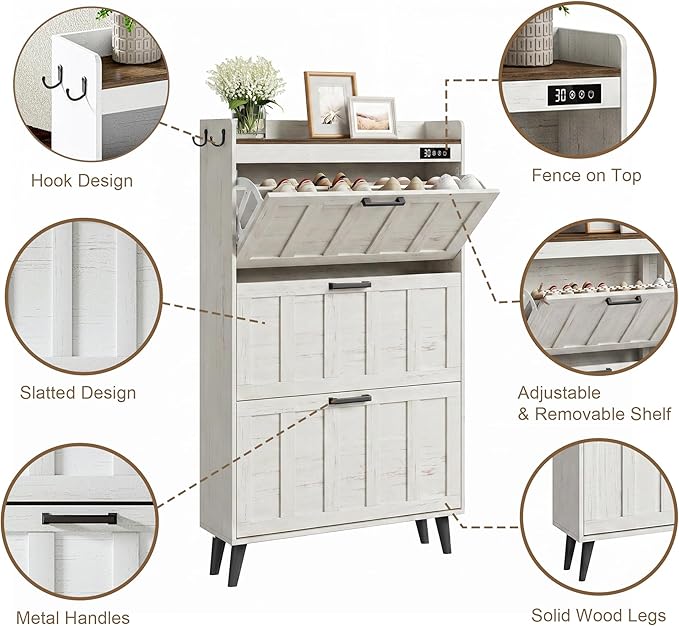 ChooChoo Shoe Storage Cabinet with 3 Flip Drawers, Deodorizing Shoe Organizer Storage for Entryway, Freestanding Hidden Slim Narrow Shoe Rack Cabinet, Antique White & Brown