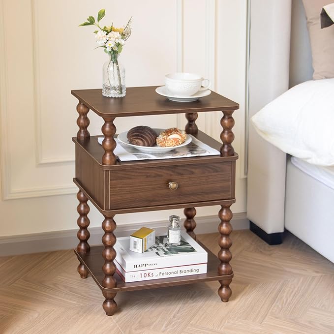 AWASEN Mid Century Modern Nightstand, Bedside Table with Storage, 3-Tier Small Night Stand End Table with Drawer for Bedroom &Solid Wood Spindle Legs, Walnut Brown