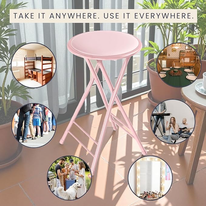 Lavish Home Folding Stool - Set of 2 Counter Height Bar Stools – 24-Inch Backless Folding Chairs with 225lb Capacity for Kitchen, Rec Room, or Game Room (Pink)