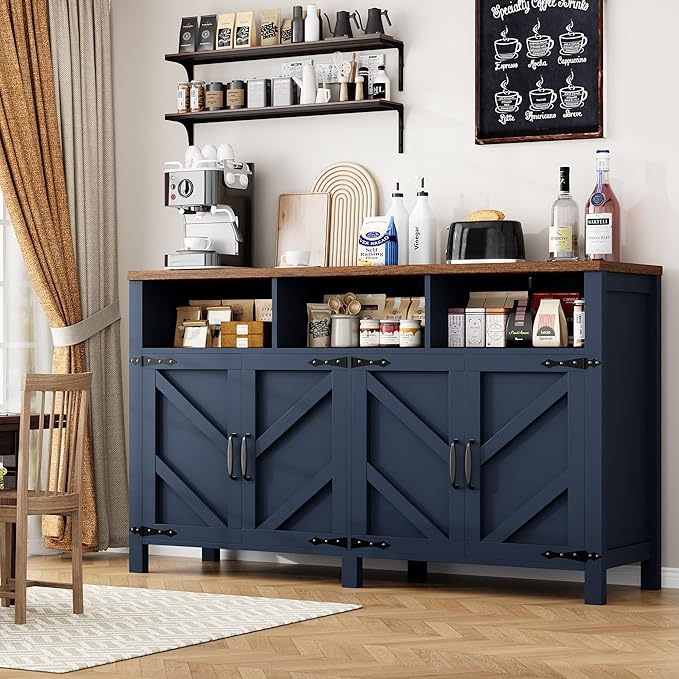 knoworld Buffet Sideboard with Storage Farmhouse with 4 Doors, 55'' Large Kitchen Storage Cabinet Wood Coffee Bar Buffet Table for Kitchen, Dining Room (Blue, 55 in)