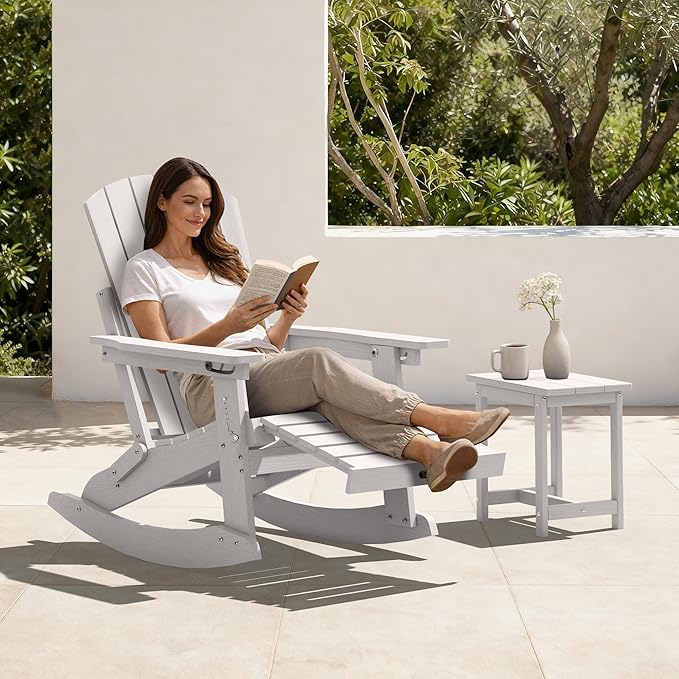 Adjustable Adirondack Rocking Chair Set of 4 with Retractable Ottoman Footrest, 4-in-1 Foldable HDPE Outdoor Rocker, Weather Resistant Adirondack Chair for Porch, Garden & Poolside, White