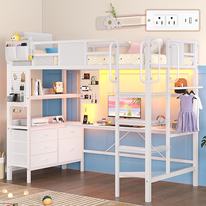 Dnxao Loft Bed Twin Size with L-Shaped Desk, Heavy-Duty Metal Twin Loft Bed with 5 Storage Drawers, LED Lights & Charging Station, Reinforced Stable Structure for Small Room Dorm Apartment, White