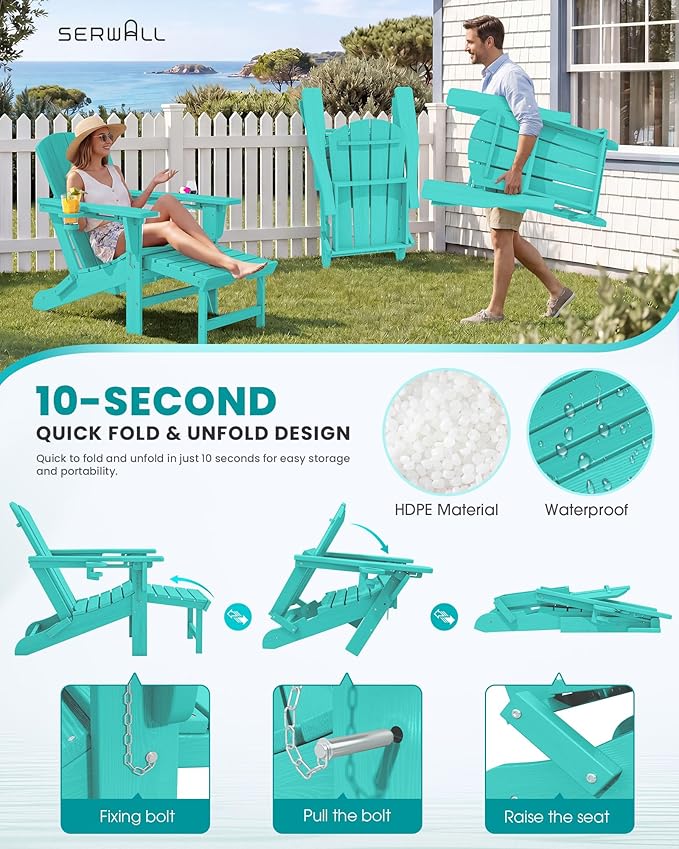 SERWALL Folding Adjustable Adirondack Chairs with Footrest Set of 2, HDPE Outdoor Chair with Dual Cup Holders, All Weather Adirondack Chair with Ottoman, Aruba