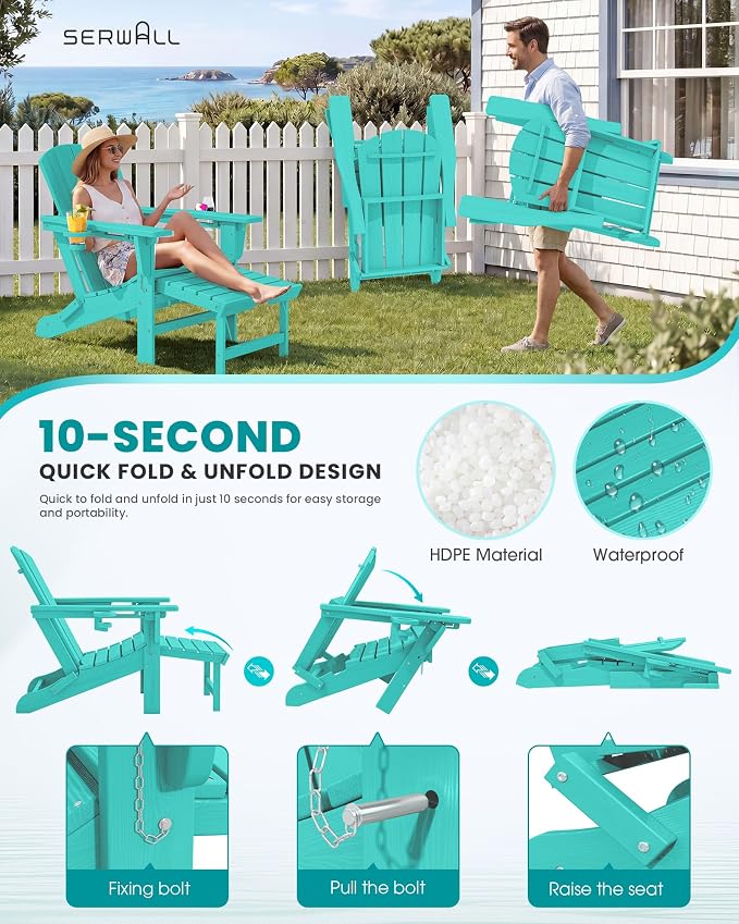 SERWALL Folding Adjustable Adirondack Chairs with Footrest Set of 4, HDPE Outdoor Chair with Dual Cup Holders, All Weather Adirondack Chair with Ottoman, Aruba