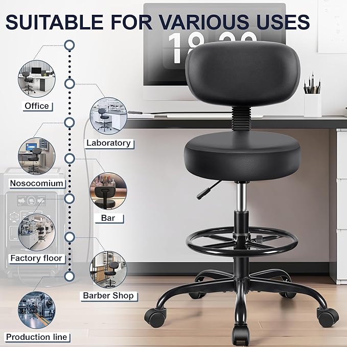 Brick Attic Drafting Chair with Backrest – Adjustable Foot Rest Rolling Stool with Wheels, PU Leather Swivel Stool for Office Spa Studio Lab Counter Salon Home Work Bar Kitchen Shop(Black)