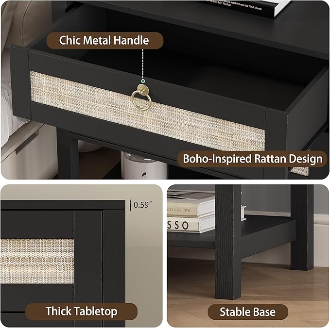 Xixini Nightstand wih 2 Drawers & Open Shelf, 27" Wide Rattan Boho Bedside Table with Brass Knobs, Small Mid Century Modern Night Stand, Wooden End Side Table for Bedroom, Living Room, Closet, Black