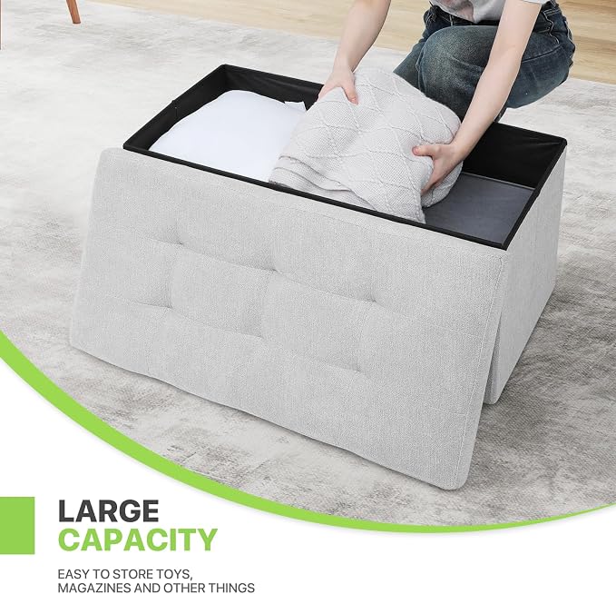 Magshion Folding Storage Ottoman Bench, 30 Inches Ottoman Foot Rest, End of Bed Bench, Storage Chest for Living Room, Entryway, Bedroom, 600 lbs Load Capacity, 15 x 30 x 15 Inches, Light Gray