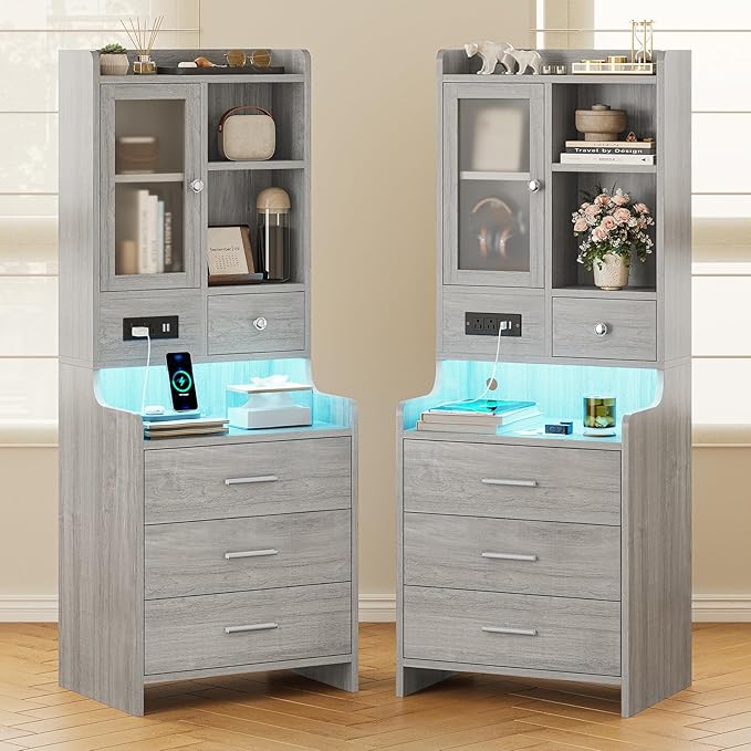 ADORNEVE Tall Night Stand with Charging Station and LED Lights,49.2" Nightstand with Bookshelf,Adjustable Shelf with Glass Door, Grey Bedside Table with Drawers,End Side Table for Bedrooms