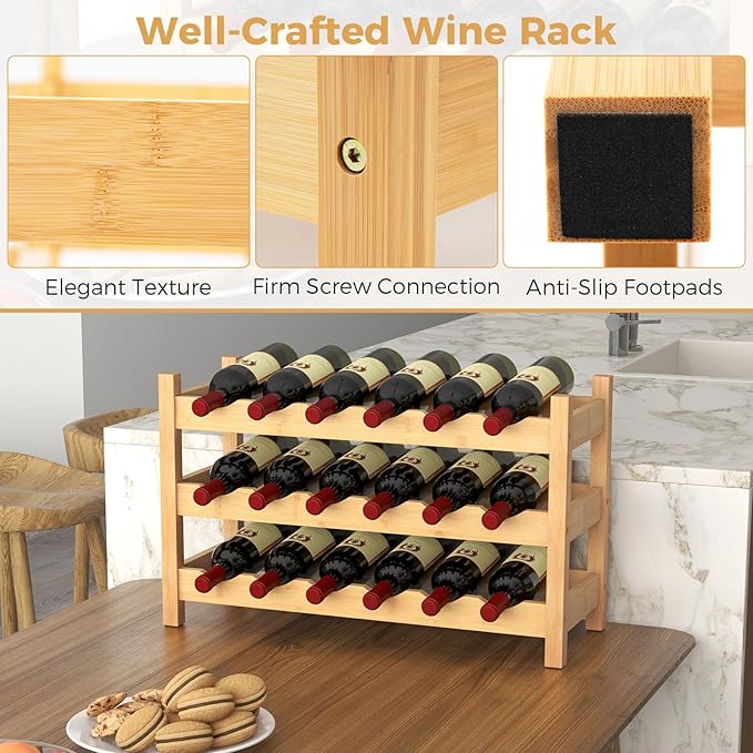COSTWAY 3-Tier Bamboo Wine Rack, 18-Bottle Tabletop Wine Holder with Wave Slot, Freestanding Countertop Wine Bottle Organizer for Kitchen, Pantry, Pub & Wine Cellar, Natural (24.5L x 9.5W x 15H)