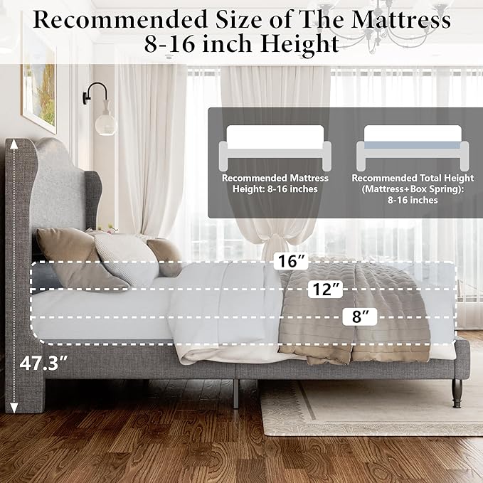 King Size Bed Frame, Upholstered Platform Bed with Tall Arched Wingback Headboard, Sturdy Wooden Slat Support, Easy Assembly, No Box Spring Required, Soft Fabric Bed for Bedroom, Light Grey