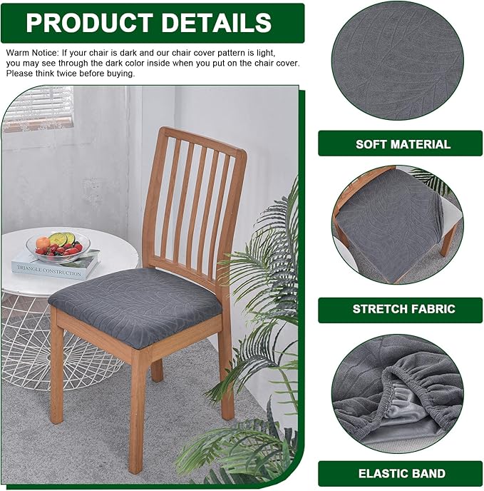CRFATOP Waterproof Seat Covers for Dining Room Chairs Set of 4 with Stretch Bench Slipcover Jacquard Kitchen Chair Slipcover Washable Seat Cushion Slipcover for Hotel Banquet Wedding Party, Dark Grey