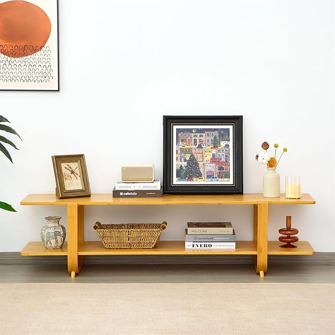 Bamboo TV Stand for TVs up to 65", Accent Entertainment Center with Storage, Media Console Table with Shelf, Modern TV Stand for Living Room, Bedroom, 55"(L), Burlywood