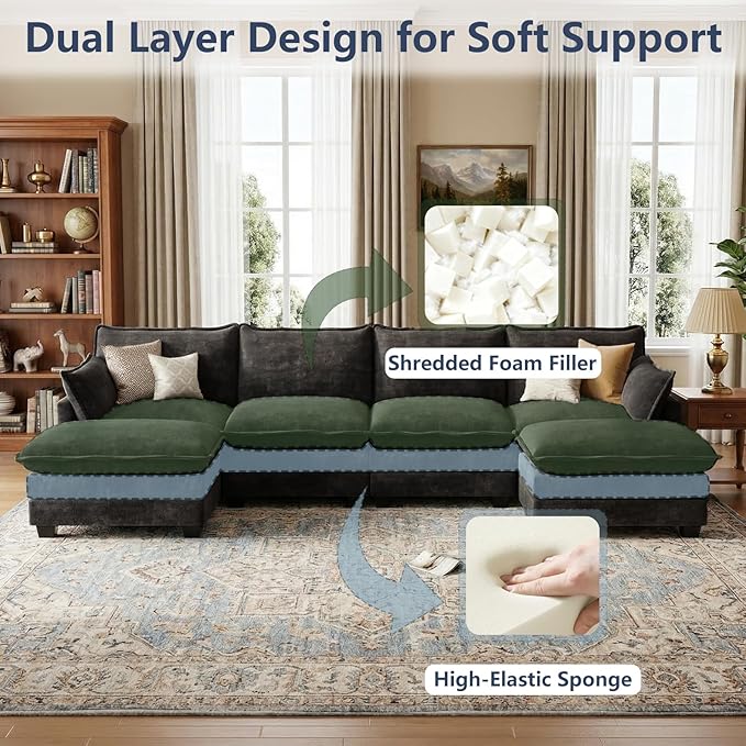 U Shaped Modular Sectional Sofa, Cloud Couch with Movable Ottoman, Comfy Chenille Sofa with Pillows for Living Room, Bedroom, Apartment, Black