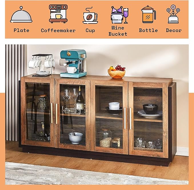 AMERLIFE Sideboard Buffet Cabinet, Mixed Color Accent Cabinet with LED Lights, Modern Glass Doors Storage Cabinets with Adjustable Shelf, Console Table for Dining, Living Room, Barnwood&Brown