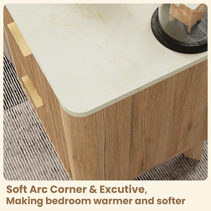 Fluted Nightstand Set of 2,Modern End Table with Faux Marble Top,2 Storage Drawers Side Table,Bedside Table for Bedroom, Living Room,Curved Profile Design Furniture,Natural Oak