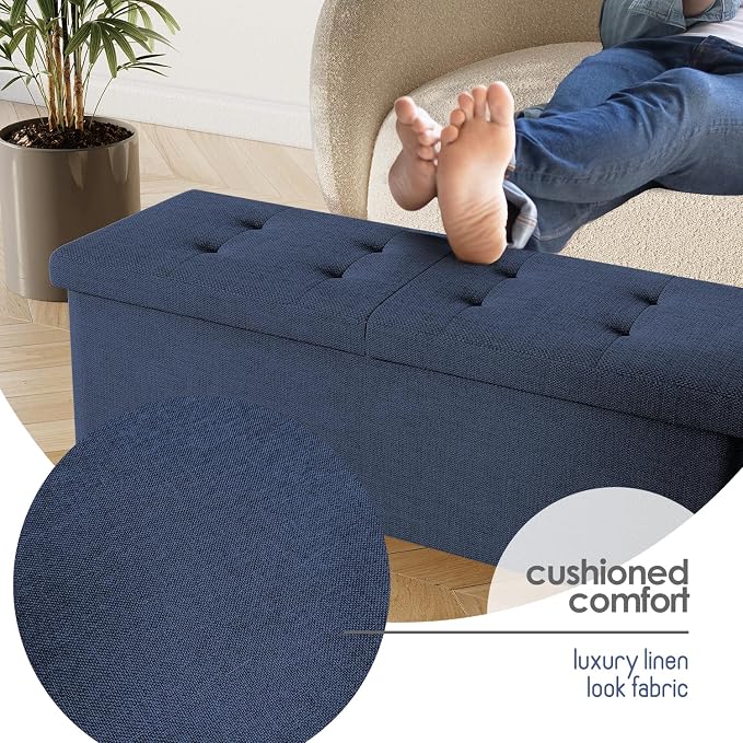 Storage Ottoman Bench with Bins, 43-in Storage Bench for Bedroom End of Bed, Folding Foot Rest Ottoman for Living Room Max 660lbs, Fabric Ottomans, Blue