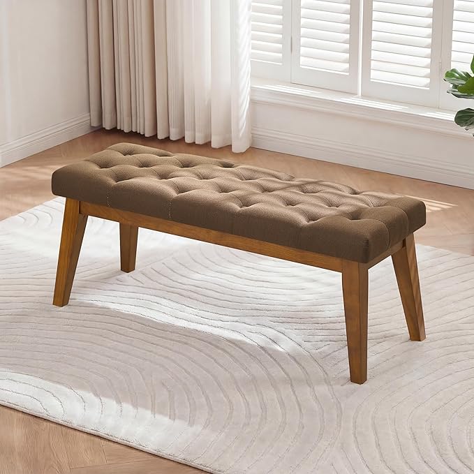 43.5" Upholstered Bedroom Bench, Linen Entryway Bench with Solid Wood Legs, End of Bed Bench with Cushion, Tufted Button Dining Bench for Living Room, Bedroom, Hallway, Brown