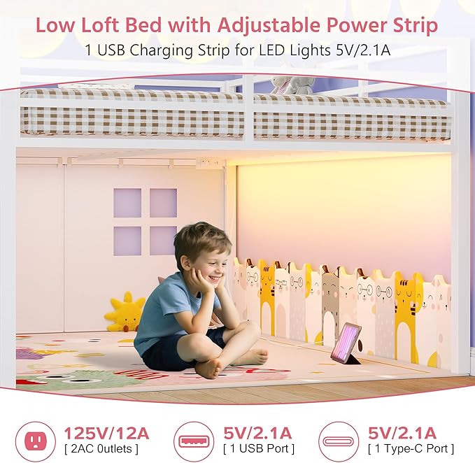 Dnxao Low Loft Bed Full Size with 9 Storage Drawers, Metal Kids Full Size Loft Bed Frame with Bookcase LED Lights & Charging Station, Space-Saving Under-Bed Secret Play Fort Bedframe, White