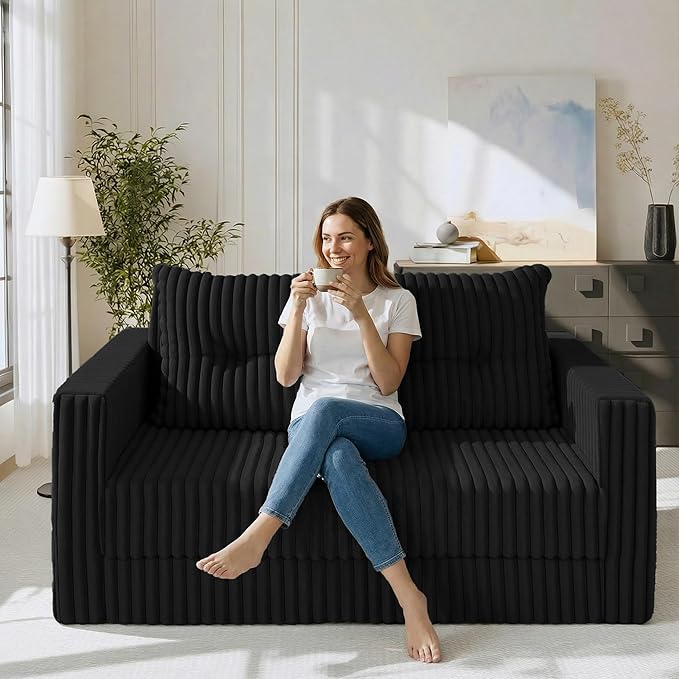 HABUTWAY 49.8" Loveseat Boneless Couch, 4-in-1 Convertible Sofa Bed, Plush Fur Folding Futon Sofa Bed Couches with a Pillow for Living Room, High-Density Foam Support, No Assembly Required, Black