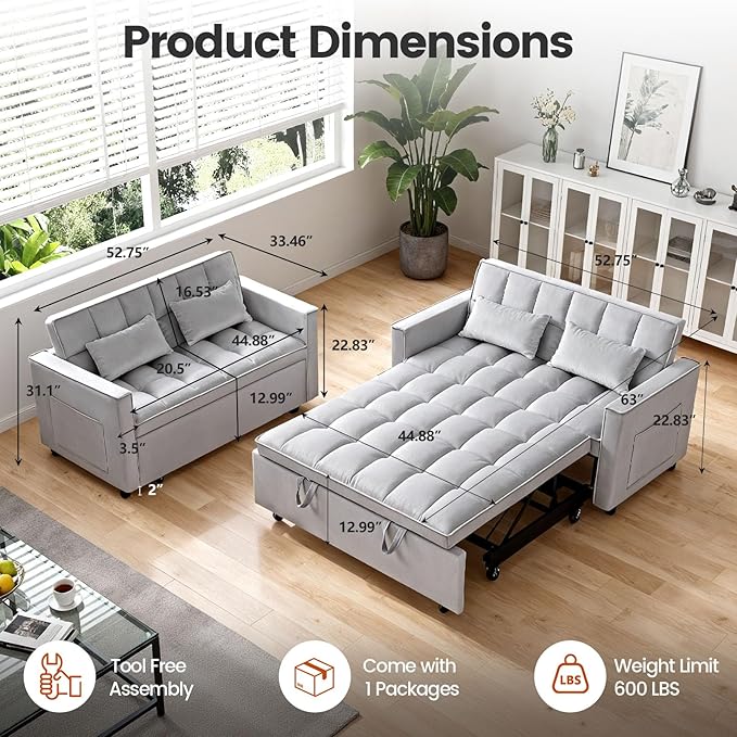 3 in 1 Convertible Sleeper Sofa Bed, Velvet Fabric Loveseat Sofa Bed with Adjustable Backrest & Large Side Pockets, Pull Out Couch for Small Spaces, Apartment, Living Room, Gray