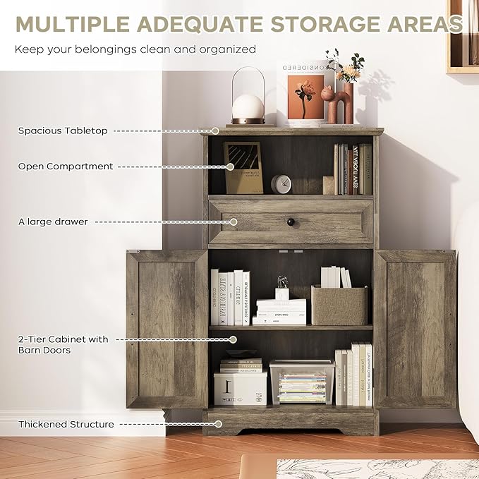Floor Cabinet, Farmhouse Storage Cabinet with Barn Doors and Drawer, Freestanding Adjustable Shelf Organizer for Bathroom, Kitchen, Living Room Grey