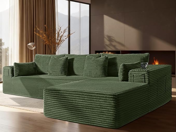 108" Cloud Sectional Couch, Comfort L Shaped Boneless Couch for Living Room, Extra Deep Seats No Assembly, Minimalist Modular Sofa, Corduroy (Olive Green, 2 Seater+Right Facing Chaise)