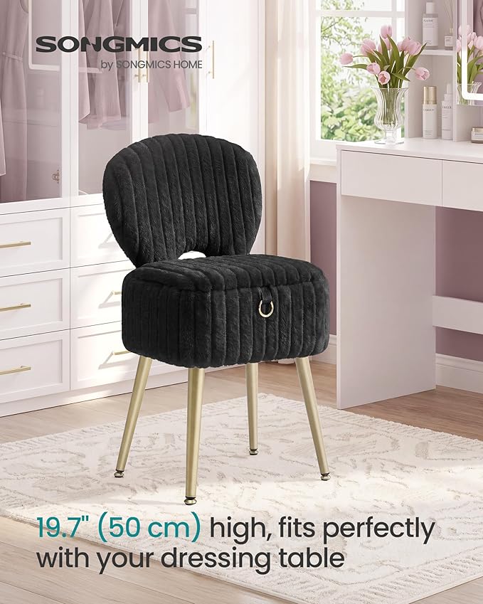 SONGMICS Small Vanity Chair with Storage and Folding Back, Vanity Stool, Footrest Footstool Ottoman, Dressing Table Stool, Furry Padded Seat, for Makeup Room, Bedroom, Ink Black ULOM532BH01