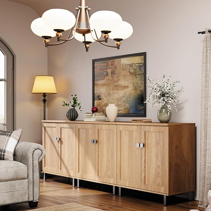 FENSULN Buffet Sideboard Cabinet Farmhouse Modern 3 in1 Storage Cabinet with Adjustable Shelves for Kitchen, Coffee Bar, Living Room, Oak