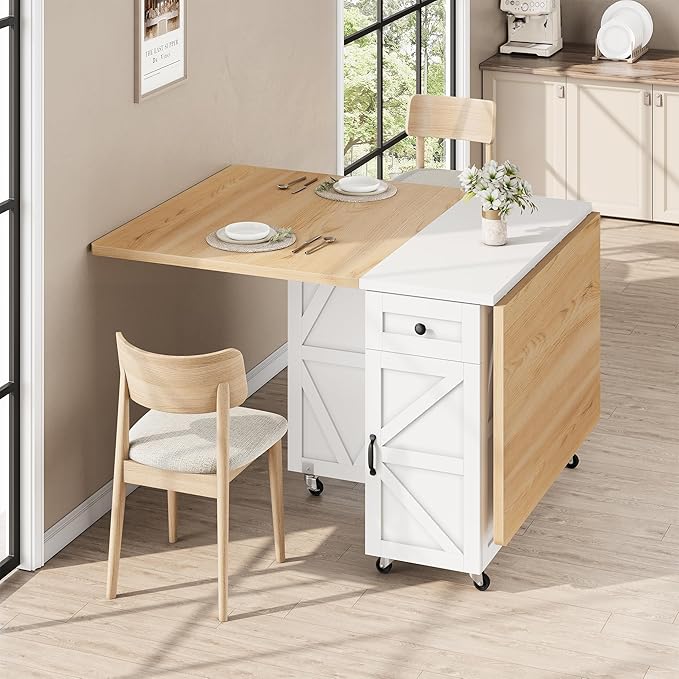 Folding Dining Table for Small Spaces, Space Saving Foldable Kitchen Table with Drawer & Storage Shelf, Rolling Drop Leaf Dining Table with Wheels for Dining Room (Natual 47.2" x 23.6" x 29.5")