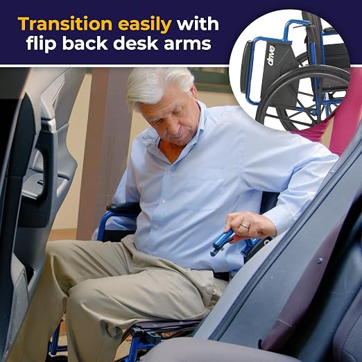Drive Medical Blue Streak Lightweight Wheelchair - Portable Folding Mobility Aid - Swing-Away Footrests - Desk Arms - Durable Steel Frame - Easy Transport & Storage - 16-Inch Seat