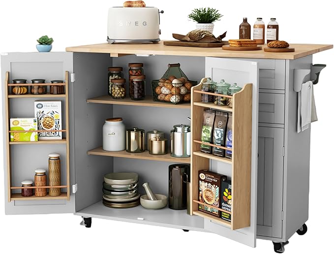 HLR Kitchen Island with Storage, Grey Rolling Kitchen Island on Wheels with Drop-Leaf Bar Countertop, Prep Table with Side Open Spice Rack and Tower Rack, Home Bar Carts with Storage