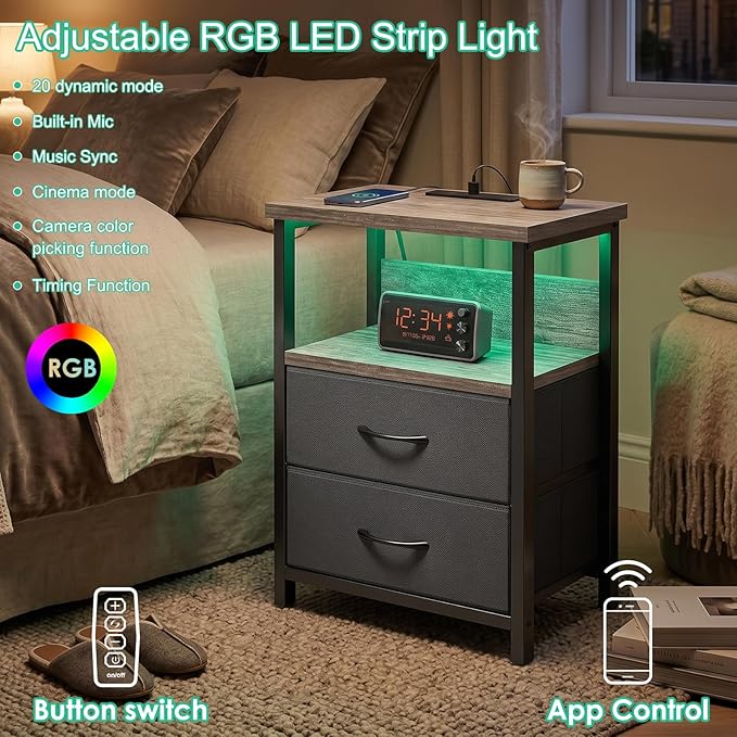 Fixwal Night Stand with Charging Station, LED Nightstand with U-S-B Ports and Outlets, 2 Fabric Storage Drawers with PU Finish, Bed Side Table, French Oak