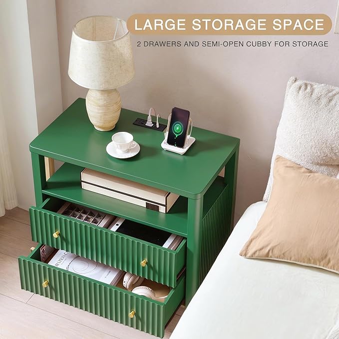 Fluted Nightstand with Charging Station, 27.3" Tall Modern Bedside Table with 2 Drawers & Open Shelf, Large Wide Wood End Table with Storage & Metal Handle for Bedroom, Green
