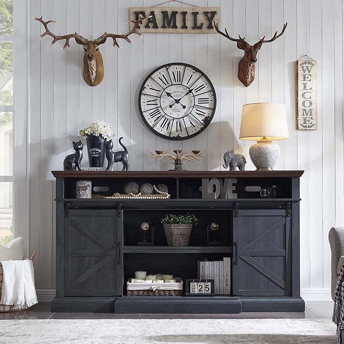 Farmhouse TV Stand for 80 Inch TVs, 37.4"Tall Entertainment Center w/Storage Cabinets and Sliding Barn Door, Media Console Cabinet w/Soundbar & Adjustable Shelves for Living Room, 70 inch (Dark Grey)